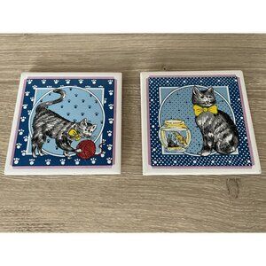 VTG Cathay Set of 2 Cat Tiles Square Ceramic Art Tile Trivet Coaster